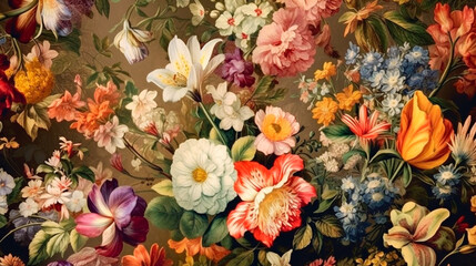 Obraz na płótnie Canvas beautiful fantasy vintage wallpaper botanical flower bunch,vintage motif for floral print digital background. Generative AI