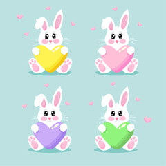 Obraz na płótnie Canvas Happy cute funny kawaii bunny set with yellow, pink, purple, green heart