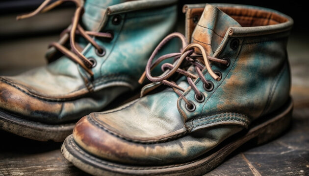 Leather hiking boots, worn and weathered generated by AI