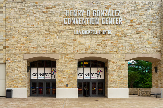 San Antonio, Texas, USA &ndash; May 9, 2023: Entrance to the Henry B Gonzalez Convention Center with a banner for Tyler Technologies Connect 2023 in San Antonio, Texas.