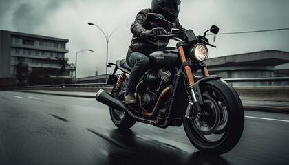 Biker in helmet and leather jacket on his motorcycle on asphalt road.