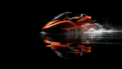 Jet ski in the sea at sunset. Blue water scooter on the background of a beautiful sunset.