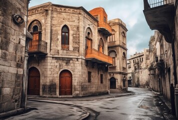 Fototapeta na wymiar an old stone street in a city, in the style of dark beige and orange Generative Ai