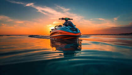 Jet ski in the sea at sunset. Blue water scooter on the background of a beautiful sunset.