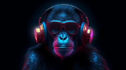 Neon party DJ monkey in headphones and sunglasses. Generative AI