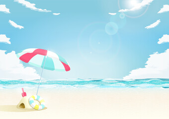 Fototapeta na wymiar 太陽が眩しい夏の海の背景イラスト（ビーチパラソルと砂遊び）
