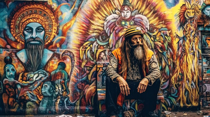 Fototapeta na wymiar Wall painting portrait of a bearded man with long hair in psychedelic colorful flower power style - generative AI