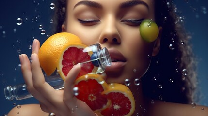 Beautiful african american woman keep sliced fruit in Luxury parfume bottle. Girl holding glass parfume bottle, orange forest background. Fruits Serum. iv serum bag. Generative AI	 - obrazy, fototapety, plakaty