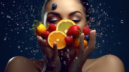 Beautiful african american woman keep sliced fruit in Luxury parfume bottle. Girl holding glass parfume bottle, orange forest background. Fruits Serum. iv serum bag. Generative AI	