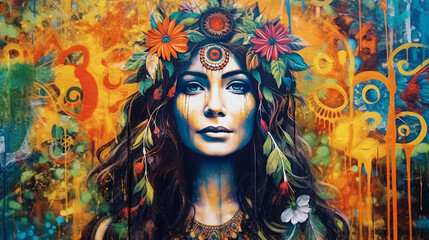Wall painting: Portrait of a woman in psychedelic, colorful Flower Power style. - generative AI