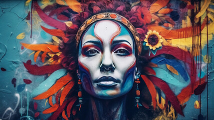 Wall painting: Portrait of a woman in psychedelic, colorful Flower Power style. - generative AI