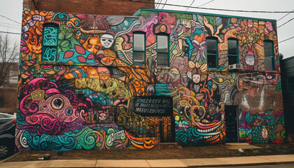 Vibrant street art mural showcases city creativity generated by AI