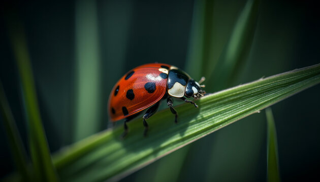 Spotted ladybug crawls on green leaf macro generated by AI