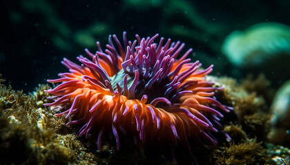 Naklejka na ściany i meble Multi colored sea life swims in tropical reef generated by AI