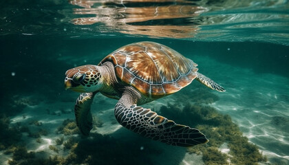 Fototapeta premium Green sea turtle swimming in tropical reef generated by AI