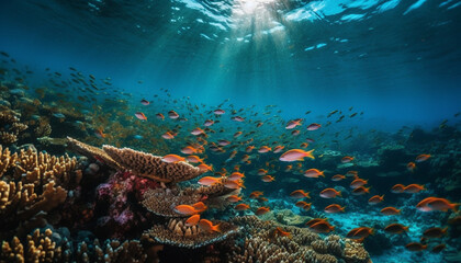 Fototapeta na wymiar Multi colored fish swim in coral reef paradise generated by AI