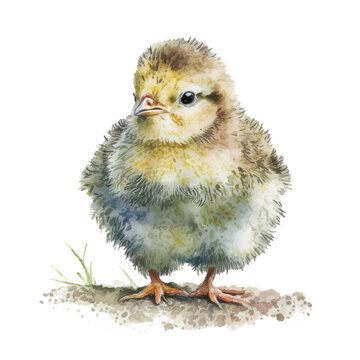 baby chicken on grass watercolor illustration isolated on white 