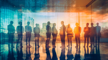 Double exposure image of many business people conference group meeting on city office building in background showing partnership success of business deal. concept of teamwork. Generative AI