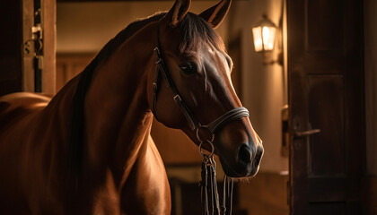 Fototapeta premium Thoroughbred stallion beauty shines in rural scene generated by AI