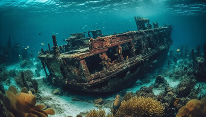 Fototapeta premium Scuba diving adventure explores sunken shipwreck reef generated by AI