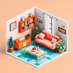 3D cute isometric living room - created with Generative AI technology