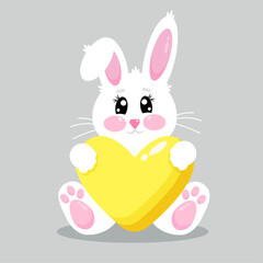 Happy cute funny kawaii little bunny with yellow heart