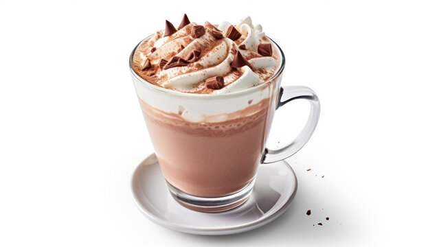 Hot chocolate with whipped cream and chocolate chips isolated on white background. generative ai