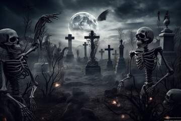 Fototapeta na wymiar Zombies Rising In Dark. Bones And Skulls Out Of A Cemetery. AI generated, human enhanced