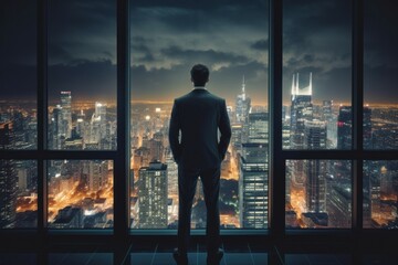 Fototapeta na wymiar A businessman in a skyscraper office enjoys the views of the city lights at night. Man from the back. AI generated