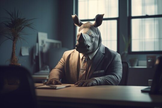 Anthropomorphic rhinoceros dressed in a suit like a businessman. Business Concept. AI generated, human enhanced