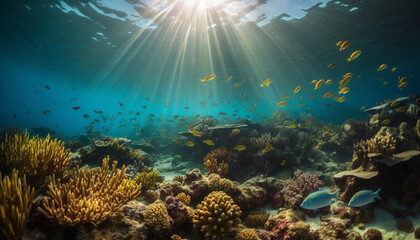 Fototapeta na wymiar Multi colored fish swim in tropical coral reef generated by AI