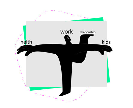 A symbolic vector illustration of a person trying to find a balance in life, a compromise between work, personal relationships, family, and maintaining health