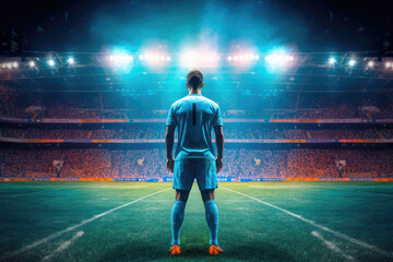 Fototapeta na wymiar rear view of a soccer player in massive lit stadium at night