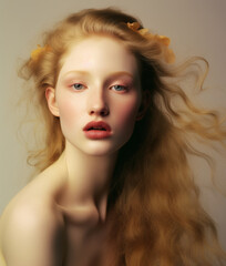 Fototapeta premium Beautiful and natural young woman with long wavy hair. AI generated image.