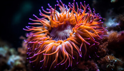 Naklejka na ściany i meble Multi colored clown fish swim among soft coral generated by AI