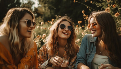 Young women in sunglasses enjoy autumn forest party generated by AI