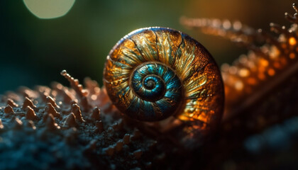 Slimy snail crawling on spiral shell pattern generated by AI