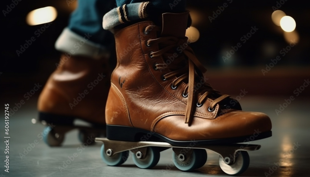 Sticker Shiny leather sports shoes on a wooden floor generated by AI