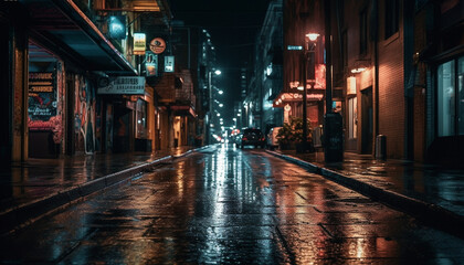 Illuminated city skyline, wet streets, blurred motion generated by AI