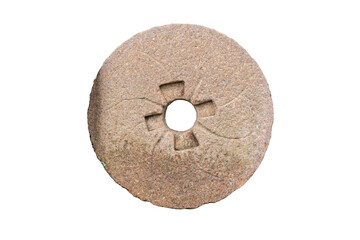 Stone wheel of water mill isolated on white background