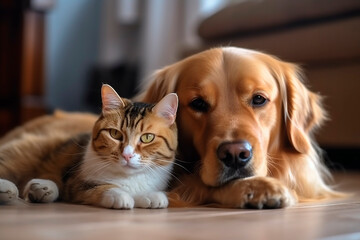 Cute dog and cat cuddling on the floor at home. Inseparable pals