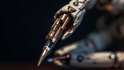 Naklejka premium Sharp metallic wrench repairs futuristic robotic machinery generated by AI