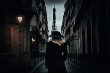 Obraz na płótnie Canvas A woman in a black coat and hat walking down a street. AI generative image.