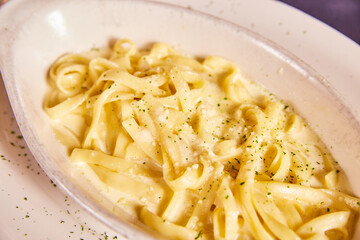 Alfredo lunch special meal Italian pasta white cream sauce noodles parsley flakes on white plate