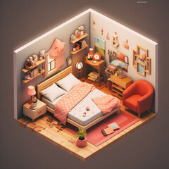 3D cute isometric bedroom - created with Generative AI technology