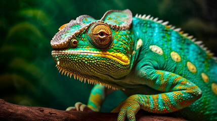 Fototapeta premium Green colored chameleon close up. Generative AI