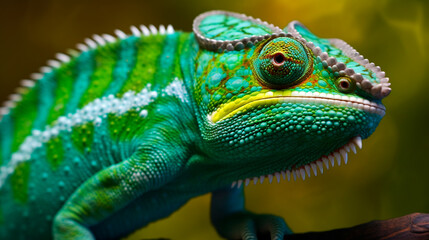 Green colored chameleon close up. Generative AI