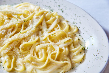 Dinner lunch Italian alfredo pasta food dish parsley on white plate white background asset
