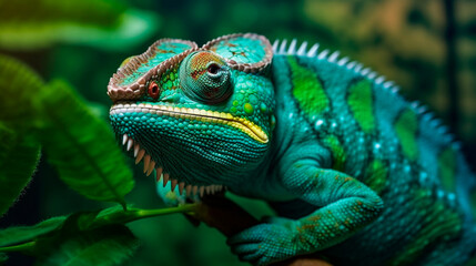 Obraz premium Green colored chameleon close up. Generative AI