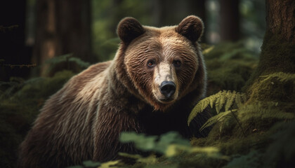 Obraz na płótnie Canvas Majestic grizzly bear looking at camera in forest generated by AI